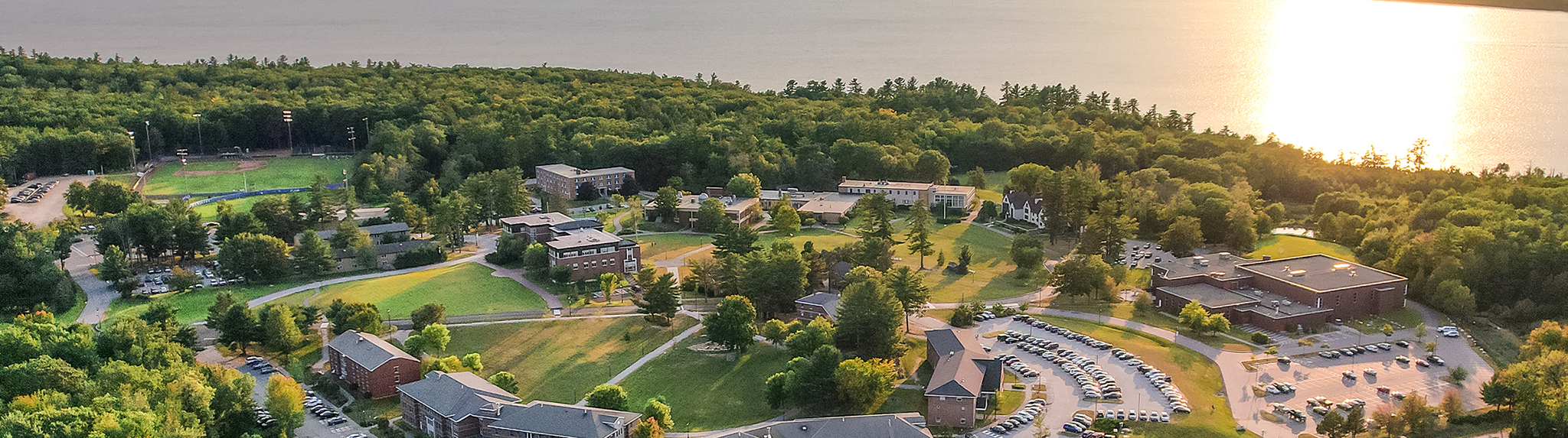 summer drone shot of campus