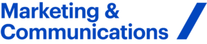 Blue text reads Marketing & Communications with a bold blue slash mark on the right, all on a light gray background, evoking the modern aesthetic of a Brand Studio.