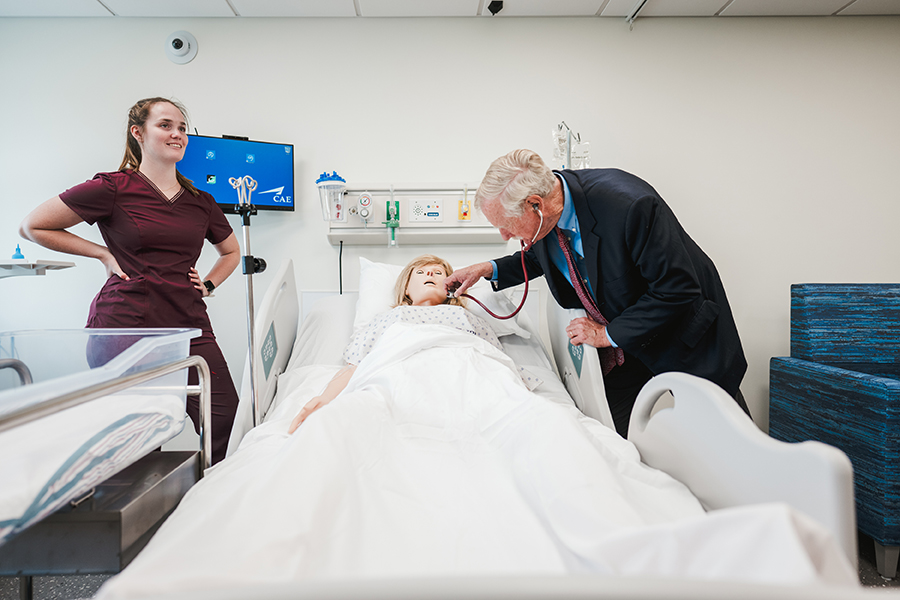 Senator Angus King tours the nursing simulation lab at Saint Joseph's College of Maine