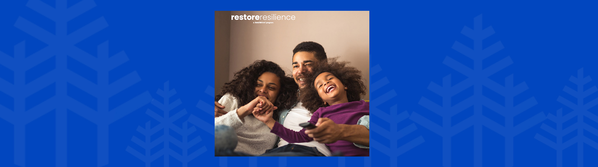 A smiling father sits on a couch with his two daughters, all laughing and holding hands. The father holds a remote against a beige wall backdrop. The words "secret to happiness" appear at the top.